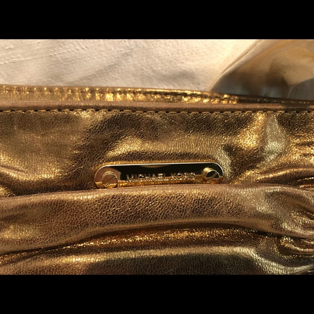 Michael Kors Metallic Gold Ruched Leather Clutch